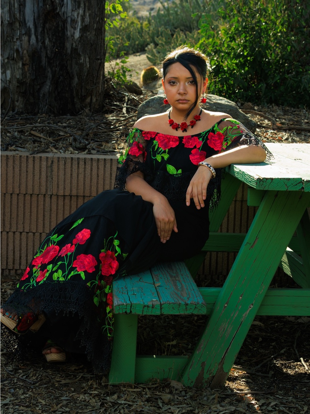 Off-Shoulder Black Maxi Dress with Red Floral Embroidery